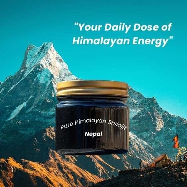 Premium jar of pure Himalayan Shilajit resin with a stunning background of Mount Everest and snow-capped mountains, representing natural energy and vitality.
